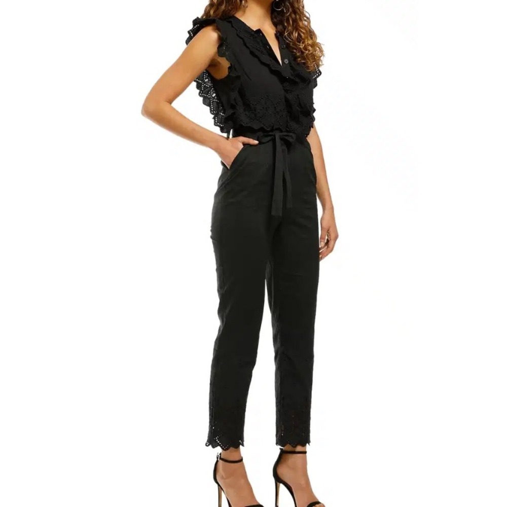 Stevie‎ May Black Eyelet Lace Ruffle Jumpsuit Sleeveless Belted Boho Womens S
